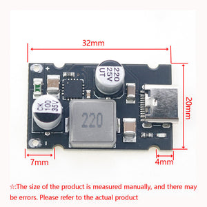 PD 65W Fast Charging Module Type C Interface Fast Charging Adapter Board DC8 to 32V Charging Protection - a black rectangular circuit board with a USB-C port, two capacitors, an inductor, and dimensions.