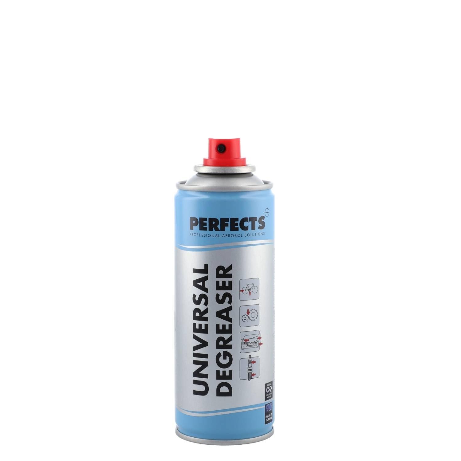 Perfects Universal Degreaser 200ML Original - a light blue cylindrical aerosol spray can with a red nozzle cap against a white background.