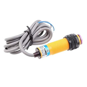 Photoelectric switch sensor E3F-DS10C4 diffuse type NPN NO DC 3 Wires transducer - a yellow cylindrical device with black adjustment nuts, a grey cable, and a blue label with wiring diagrams.