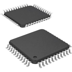 PIC18F46K22-I/PT SOP 44 On Demand Product - two black, square-shaped integrated circuit chips with metallic gull-wing pins along all four sides, viewed from above.