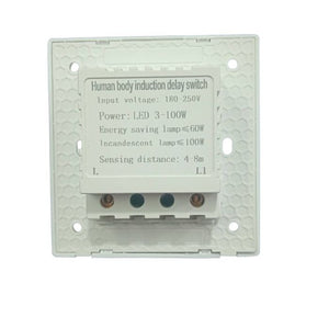 PIR Infrared Motion Sensor Switch - a white square wall-mounted unit with printed technical specifications and two screw terminals labeled L and L1.
