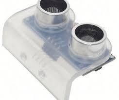 Plastic Bracket Holder for HC-SR04 Ultrasonic Sensor with Screw - a clear, L-shaped plastic mounting bracket holding an HC-SR04 sensor.