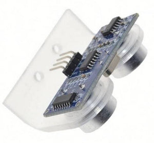 Plastic Bracket Holder for HC-SR04 Ultrasonic Sensor with Screw - a clear plastic mount attached to a blue circuit board with four pins and two sensors.