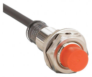 PNP PR12-4dp Inductive Proximity Sensor - a cylindrical metal sensor with a black cable and an orange plastic tip, shown from a side angle.