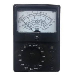 Pocket Size Analog Multimeter MF15 Digital Avometer Universal Meter - a black device with a large analog display, a central circular range selection knob, and three input ports.