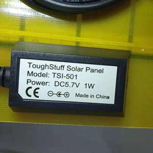 Portable 1W Mini Tough Stuff Solar Panel TSI 501 - a close-up of the black rectangular connection box with a white label showing model and power specs.