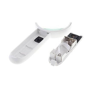 Portable 65mm 4x Handheld Magnifier With High-quality Magnifying Glass LED Lights Mg6b-4 - the white plastic handle opened to reveal the internal battery compartment with metal spring contacts.