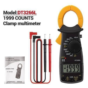 Portable Handheld Digital Clamp Meter DT3266L AC DC Multimeter Voltage Current Resistance Tester - the black and yellow device, red and black test leads, and an operator's manual, with the screen displaying 1.999.