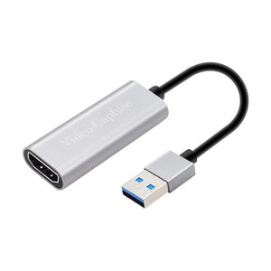 Portable HD 1080P HDMI-compatible Video Capture Card USB 3.0 4k Video - a silver HDMI to USB 3.0 adapter with a short black cable.