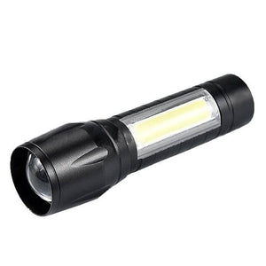 Portable Mini Telescopic Zoom Xpe COB LED Main Light White Light - a black cylindrical flashlight with a front lens and a rectangular COB light strip on its side.