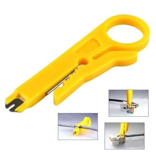 Portable Mini Wire Stripper Flat Nose Cable Cutter - a yellow plastic tool with a ring handle and three inset images demonstrating its use on cables.