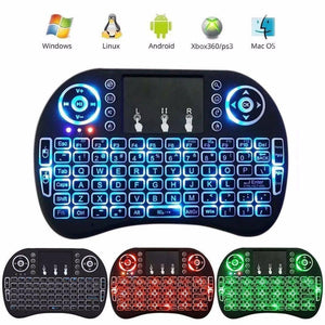 Portable Mini Wireless Keyboard Controller With Touchpad Mouse Combo And Backlight - shown in blue, red, and green lighting modes with system icons above.