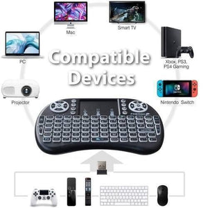 Portable Mini Wireless Keyboard Controller With Touchpad Mouse Combo And Backlight - a diagram of the black device connecting to various electronics and accessories.