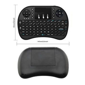 Portable Mini Wireless Keyboard Controller With Touchpad Mouse Combo And Backlight - the front and back views of the black device with dimensions of 147mm by 97mm indicated.