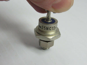 Power Diode 25A 1000V - a silver-coloured stud-mount diode held by fingers, featuring a threaded base and a top terminal with the text 25NC12 printed.