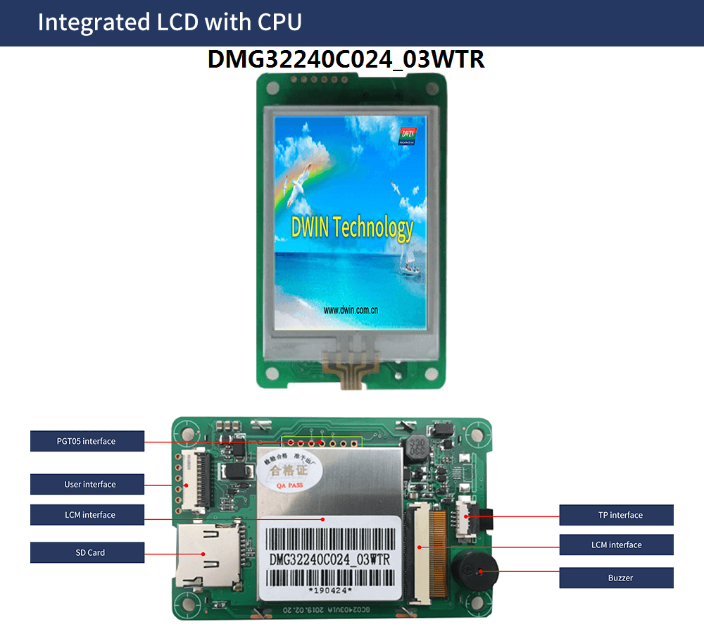 Pre Order Dwin HMI 2.4 Inch LCD Resistive Touch Display DMG32240C024_03WTR - the front display with a DWIN Technology logo and the back circuit board with SD card, buzzer, and ports.
