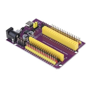 Pre Order ESP32 38PIN Expansion Board - a purple circuit board, yellow pin headers, a DC power jack, and a USB-C port.