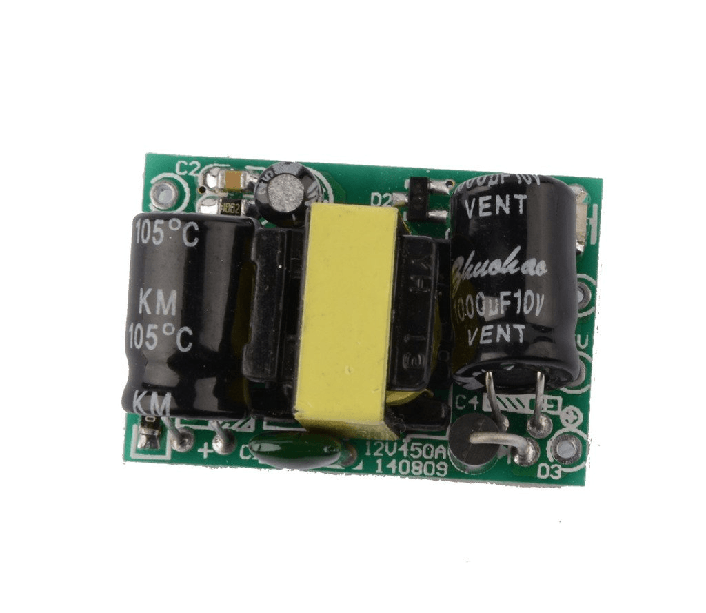 Professional PCB Mount 5V 700mA 3.5W AC-DC Step Down Isolated Switching Power Supply Module - a green circuit board with two black capacitors and a transformer.