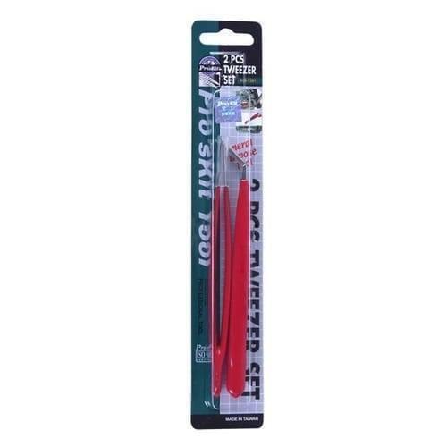 Proskit 2pcs Tweezers Straight & Curved Tip 908T301 Stainless Steel Electrician Hand Tools - shown in its original retail packaging containing one straight-tip and one curved-tip red-handled stainless steel tweezer.