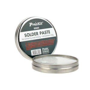 Proskit 8S005 Soldering Paste 50G - shown as a round metal tin with its lid standing upright behind the open base containing the paste.