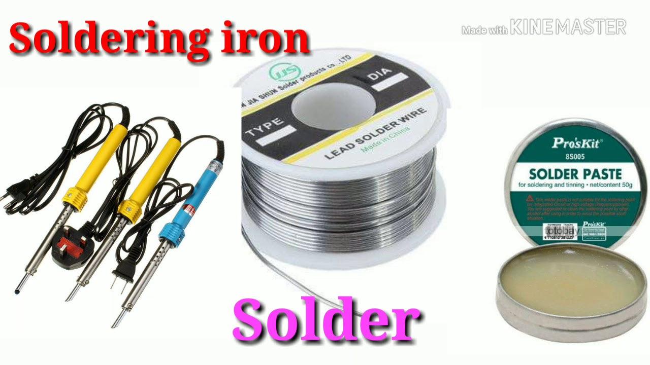 Proskit 8S005 Soldering Paste 50G - shown alongside three different soldering irons and a spool of lead solder wire in a product collage.