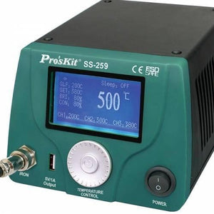 Proskit 90W LCD Smart Soldering Station SS-259 - a teal and black unit with a digital display showing 500C, a control knob, USB port, and iron connector.