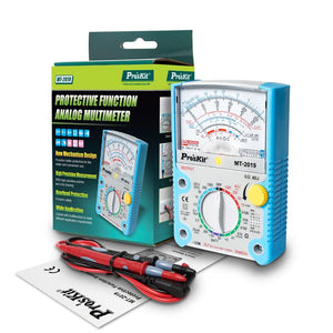 Proskit Analog Multimeter MT2019 - shown with its blue casing, a central dial, a needle display, a box, and red and black test leads on a white background.