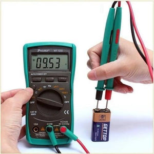 Proskit Autorange Digital Multimeter Mt 1232 For AC DC Voltage Current Resistance Temperature Measurement Tester - with a green casing, rotary dial, and LCD screen showing 09.53 V while testing a 9V battery with probe leads.
