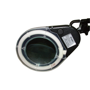 Proskit MA-1225 360° Magnifying Glass Desk Lamp Tool Repair Welding Reading 22W T5 Round Fluorescent Lamp Without Shadow - a black circular magnifying glass with a white fluorescent ring light and a specification label on the housing.