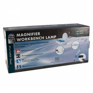 Proskit Magnifier Workbench Lamp 220V MA-1205CB - shown in its rectangular retail packaging box with product illustrations and text printed on the front.
