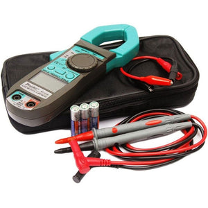 ProsKit MT-3109 AC True RMS DC Current Digital Clamp Meter Multimeter Current Frequency Capacitance Test Meter Electrician Hand Tools - with a grey body and teal clamp, shown with test leads, alligator clips, three AAA batteries, and a black storage case.