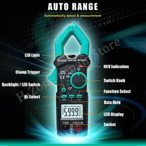 Proskit MT-3209 3-5/6 AC/DC Digital Clamp Meter, LED Lighting, LCD Digital Display, Sound and Light Buzzer, Electric Maintenance - with a black body, teal clamp jaws, a central rotary switch, function buttons, and an LCD displaying 5.999.