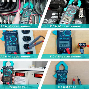 Proskit MT-3209 3-5/6 AC/DC Digital Clamp Meter, LED Lighting, LCD Digital Display, Sound and Light Buzzer, Electric Maintenance - shown in six panels demonstrating ACA, DCA, ACV, DCV, frequency, and resistance measurements with digital displays.