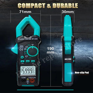 Proskit MT-3209 3-5/6 AC/DC Digital Clamp Meter, LED Lighting, LCD Digital Display, Sound and Light Buzzer, Electric Maintenance - shown from front and side views with a digital display reading 5999, a rotary dial, buttons, and input ports.