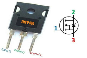 Pull Out IRFP460 Power MOSFET - shown with its black rectangular body, three metal pins, and a corresponding schematic diagram with labeled terminals.