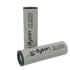 Pull-out Original Lithium Ion Cell 3.7V 3000mAh Li Ion Battery Cell INR-20700A - two grey cylindrical batteries with Dyson branding and printed text, one standing upright and one lying horizontally.
