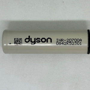 Pull-out Original Lithium Ion Cell 3.7V 3000mAh Li Ion Battery Cell INR-20700A - a grey cylindrical battery printed with "dyson", "INR-20700A", and a serial number, shown in a close-up view.