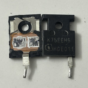 Pullout K75EEH5 IGBT Transistor 75A 600V 250WK75EEH5 IGBT Transistor 75A 600V - shown as two pieces: one with the internal silicon die exposed and one showing the black casing with K75EEH5 text.