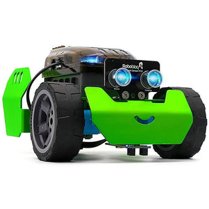 Q-scout STEM Robot For Kids By Robobloq - a green and black robotic vehicle featuring a front-facing ultrasonic sensor with two glowing blue eyes.