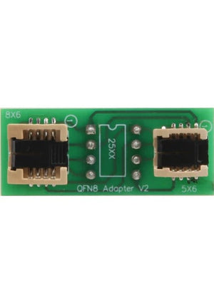 QFN8 WSON8MLF8MLP8DFN8 to DIP8 Universal Two-in-one SocketAdapter for Both 6x5MM and 8x6MM Chips - V2, a green circuit board featuring two chip sockets labeled 8x6 and 5x6 with a central 8-pin DIP footprint labeled 25XX.