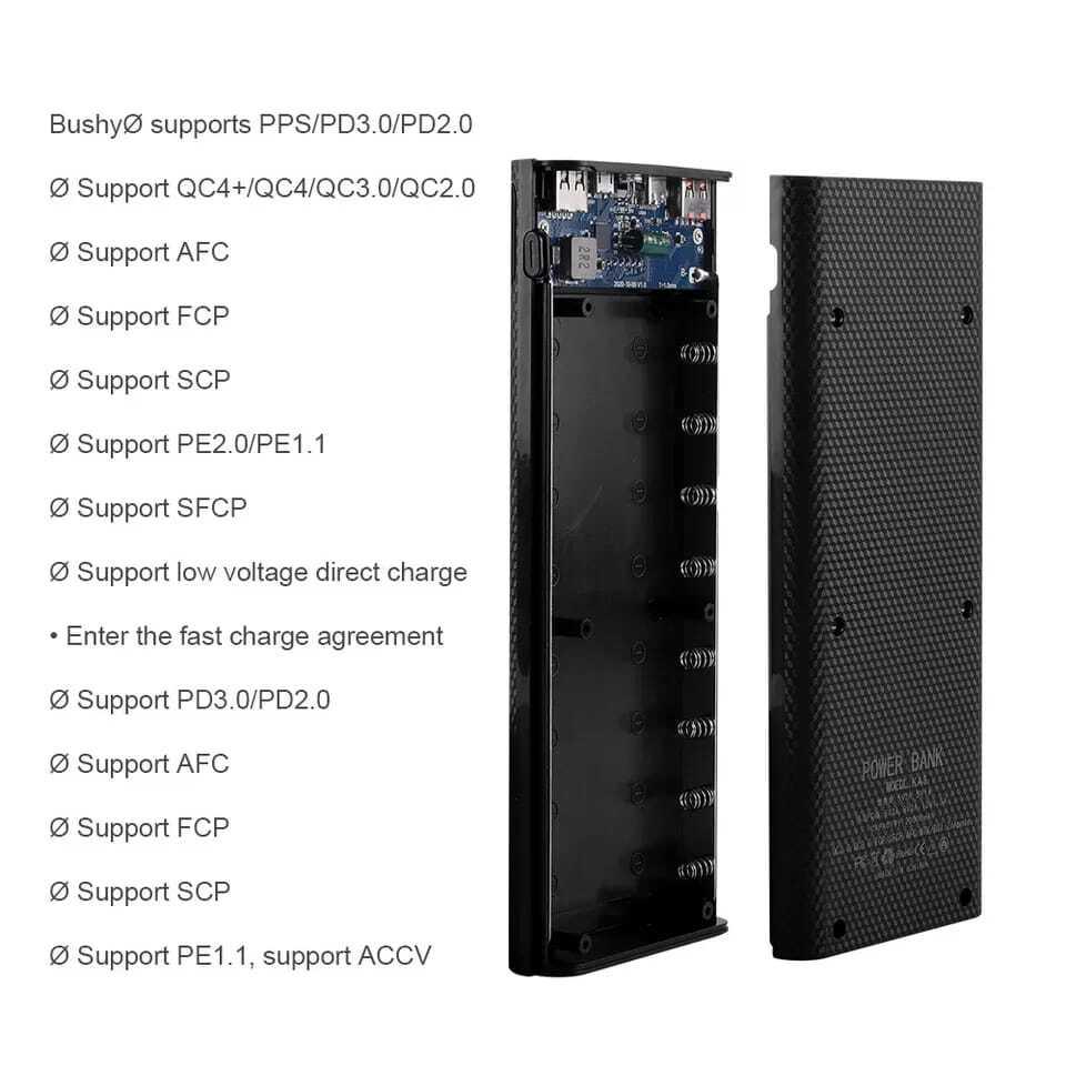 Quick Charging Qc 3.0 Fast Charging DIY Power Bank 8x18650 Portable USB Port Power Bank - shown as an open black shell with a circuit board, USB ports, and a list of supported charging protocols.