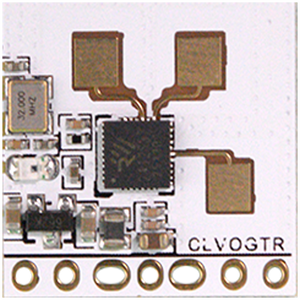 RA24A18 24GHz Presence Sensor Module – Human Motion Presence Sensor Module mmWave Radar Technology - a white square circuit board with a central black chip, a 32.000 MHz crystal, and seven gold-plated connection pins.