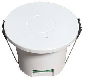 RA24K45 24GHz Presence Sensor Switch – Integrated mmWave Radar Module, Human Motion Detection - a white circular ceiling-mount sensor with metal spring clips and a green terminal block connector at the base.