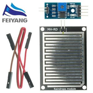 Rain Drops Detection Sensor Module In Paksitan - a black rectangular sensor plate, a blue control board with a potentiometer, and two jumper wire cables.