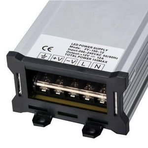 Rainproof Power Supply 12V 150W Outdoor SMPS For LED Landscape Lighting - a close-up view of the silver metal casing showing the terminal block with ground, positive, negative, live, and neutral.