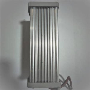 Rainproof Switching Power Supply 12V 120W For Outdoor LED Landscape Lighting - a side view of the silver, rectangular, ribbed metal housing with a red wire extending from the base.