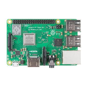 Raspberry Pi 3 B+ - a green circuit board with a Broadcom processor, GPIO pins, USB ports, an Ethernet port, HDMI port, and camera connector.