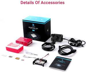 Raspberry Pi 4 b Model b Starter Kit 32GB SD Card - the black box, red and white case, power supply, cables, dual-fan heatsink, screwdriver, and quick start guide.