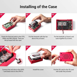 Raspberry Pi 4 b Model b Starter Kit 32GB SD Card - six steps to install the red case, dual-fan heatsink, and SD card.