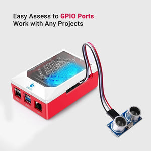 Raspberry Pi 4 b Model b Starter Kit 32GB SD Card - with a red and white case, a cooling fan, and an ultrasonic sensor module connected via a ribbon cable.